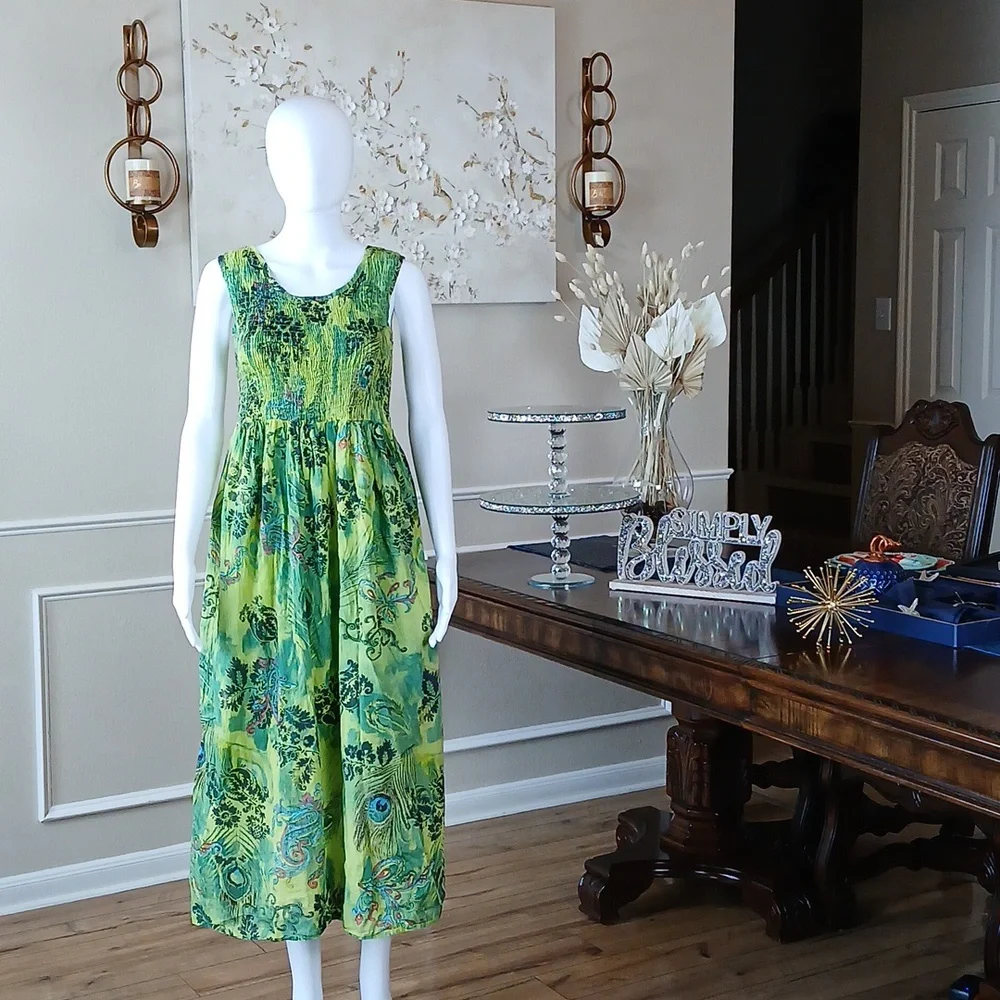 Women's Green Tropical Print Sleeveless Cotton Summer Dress By Hanna Small